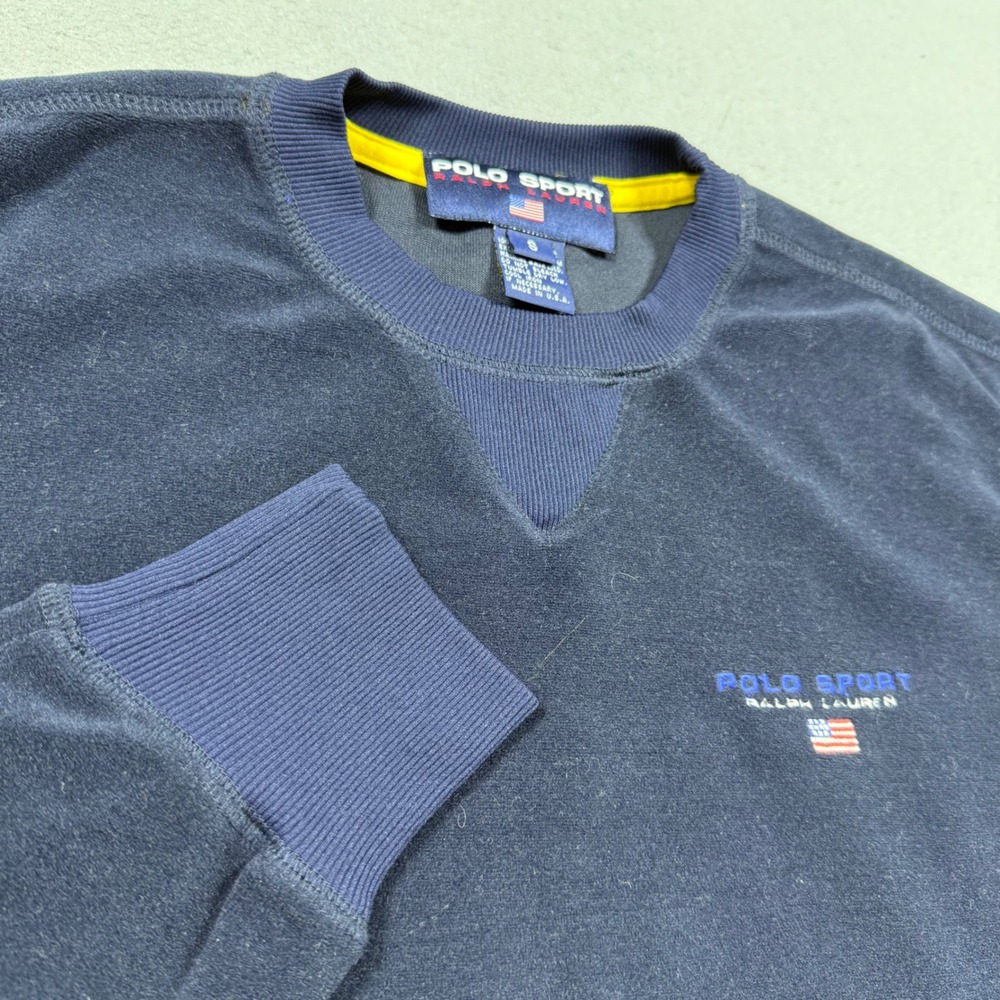 Vintage Polo Sport Ralph Lauren Navy Velour Crewneck Sweatshirt USA Made Mens S